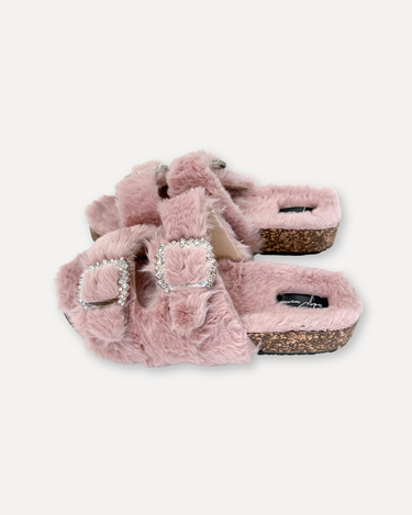 A furry slip in sandals in pink with blinks.